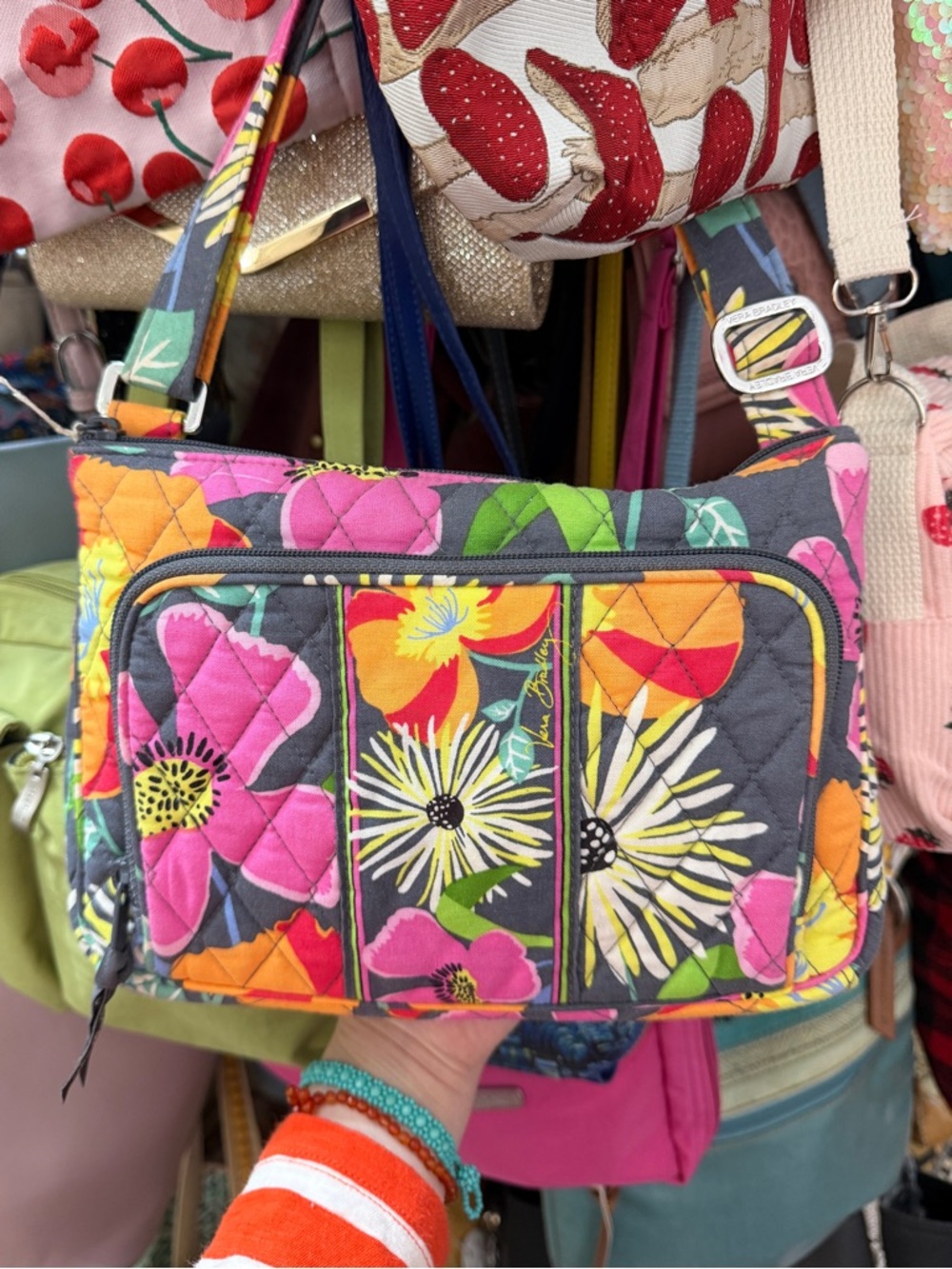 New Vera Bradley Quilted Floral Crossbody Purse in Grey, Pink, Orange, NWOT